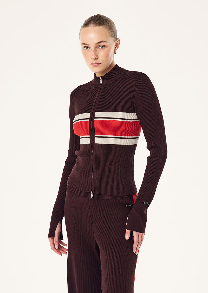 Women's ribbed knit jacket with striped chest and zip front