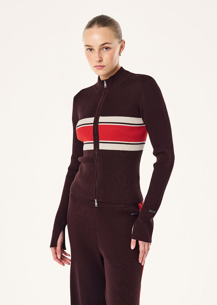 Women's ribbed knit jacket with striped chest and zip front