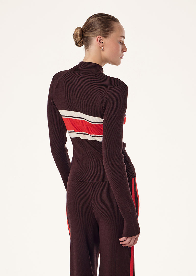 Women's ribbed knit jacket with striped chest and zip front