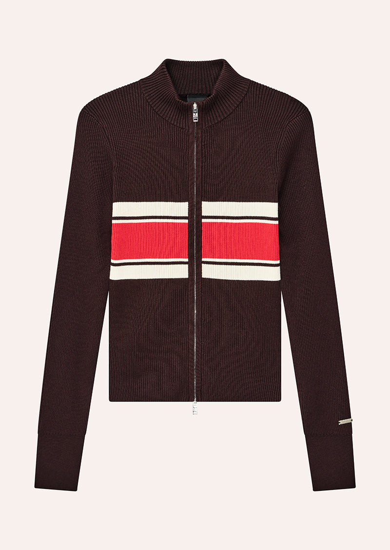 Women's ribbed knit jacket with striped chest and zip front