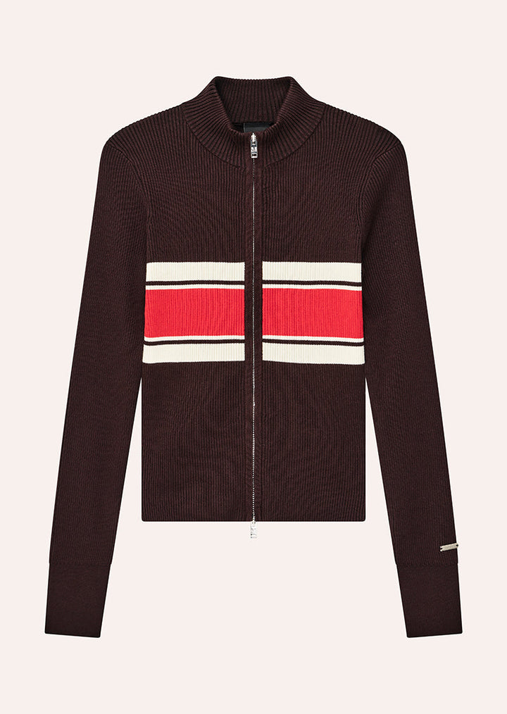 Women's ribbed knit jacket with striped chest and zip front