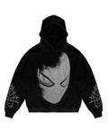 Black hoodie with spider mask graphic and web sleeve detailing