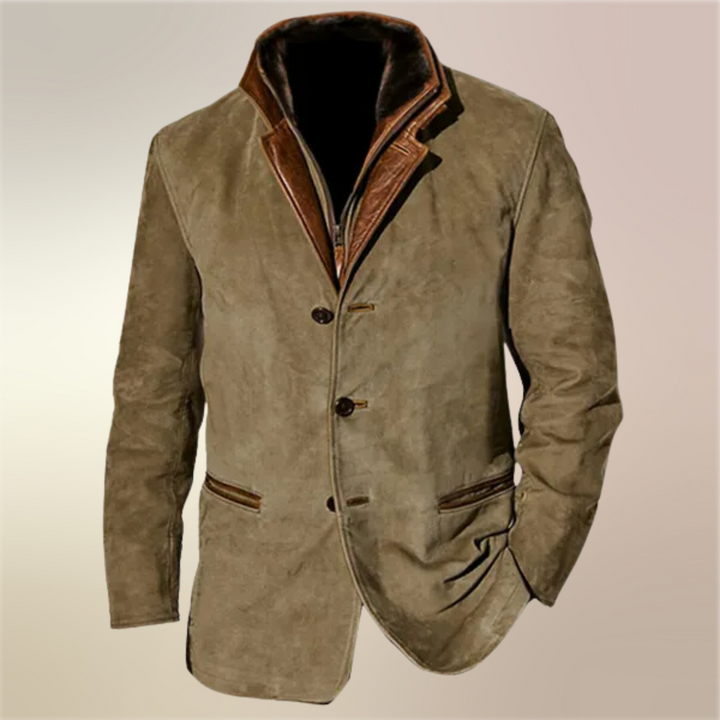 Men's vintage suede-look jacket with layered collar and button front