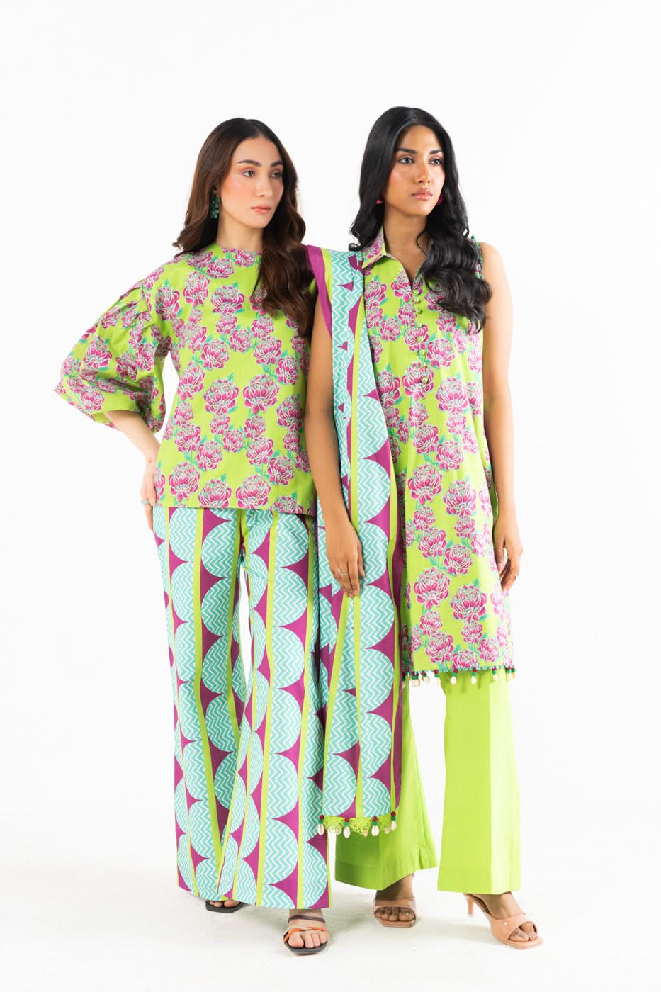 Women's green floral shirt, wide-leg trousers and patterned dupatta set
