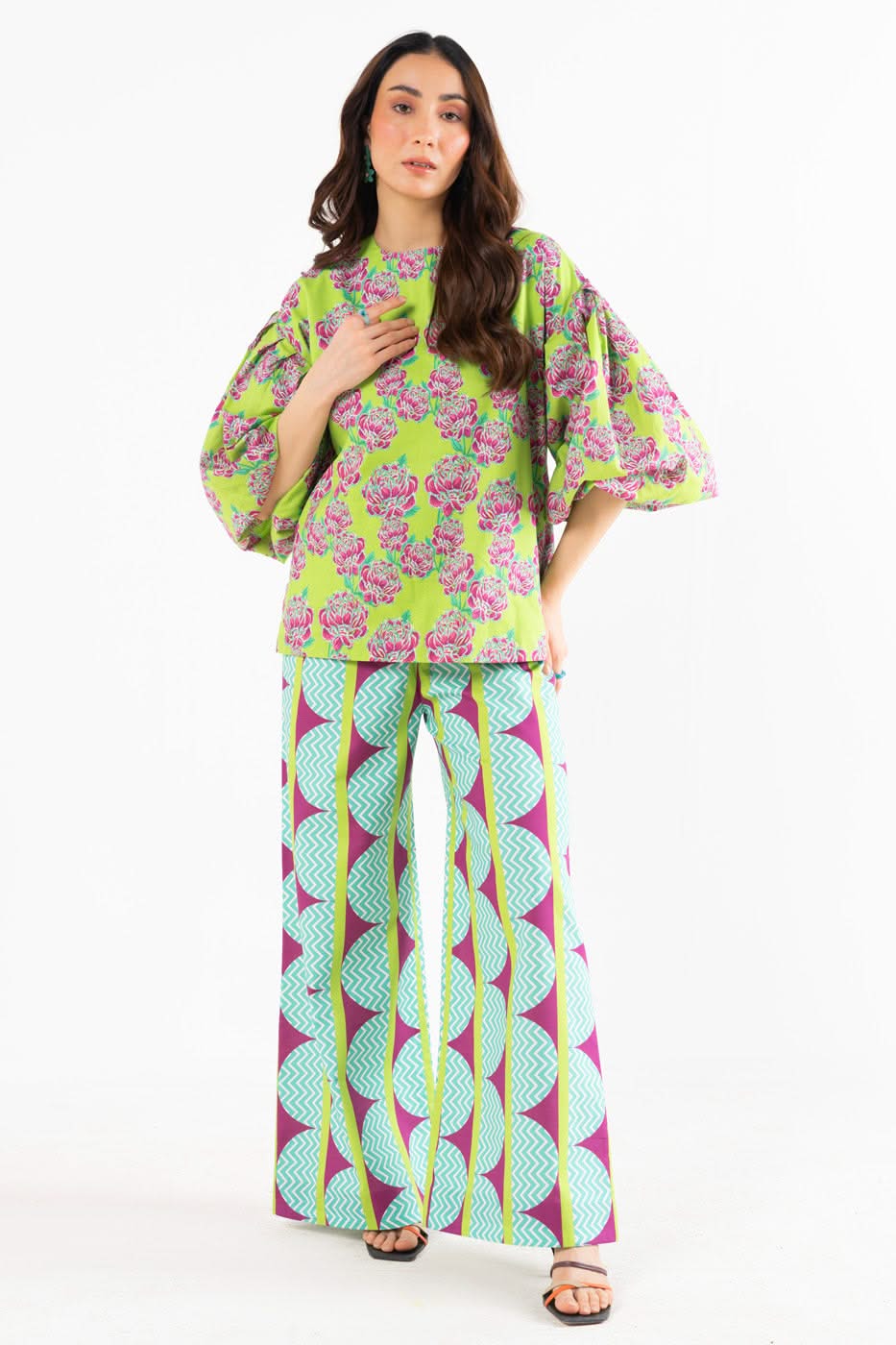 Women's green floral shirt, wide-leg trousers and patterned dupatta set