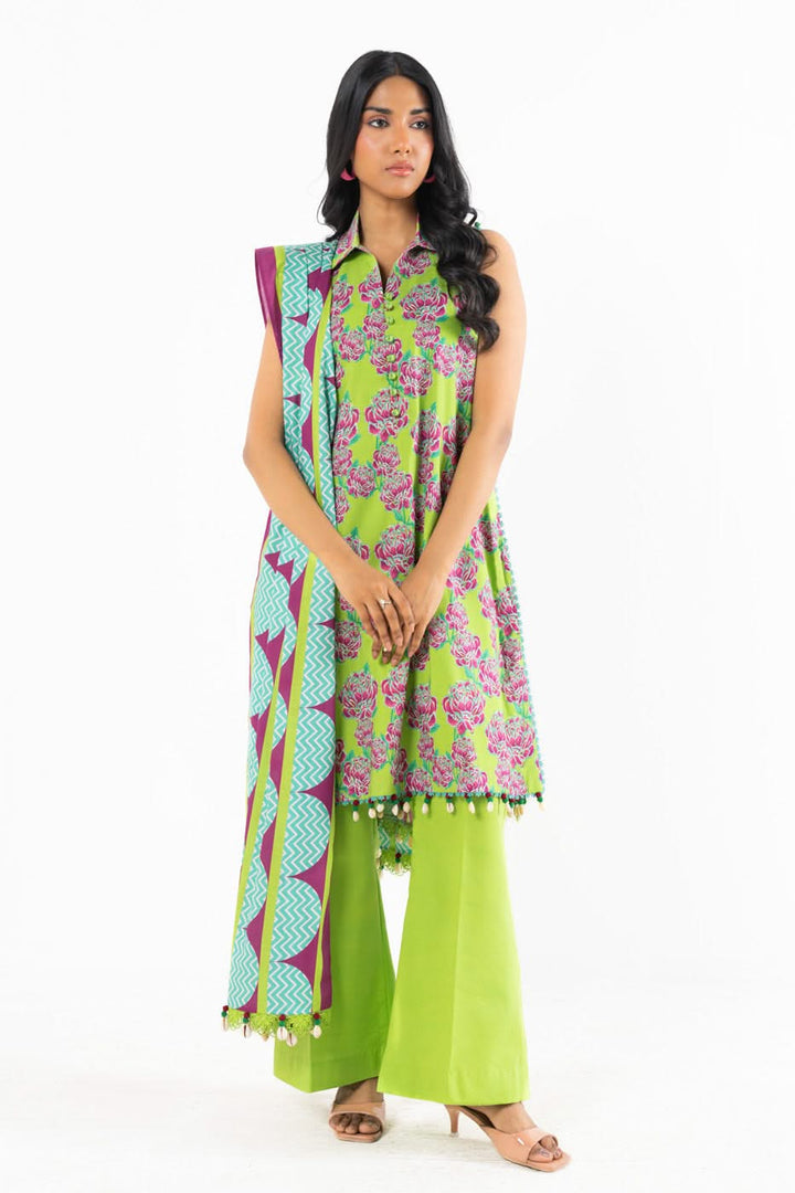 Women's green floral shirt, wide-leg trousers and patterned dupatta set