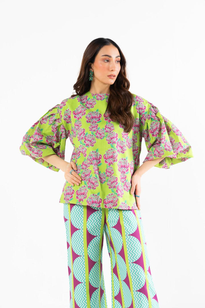 Women's green floral shirt, wide-leg trousers and patterned dupatta set