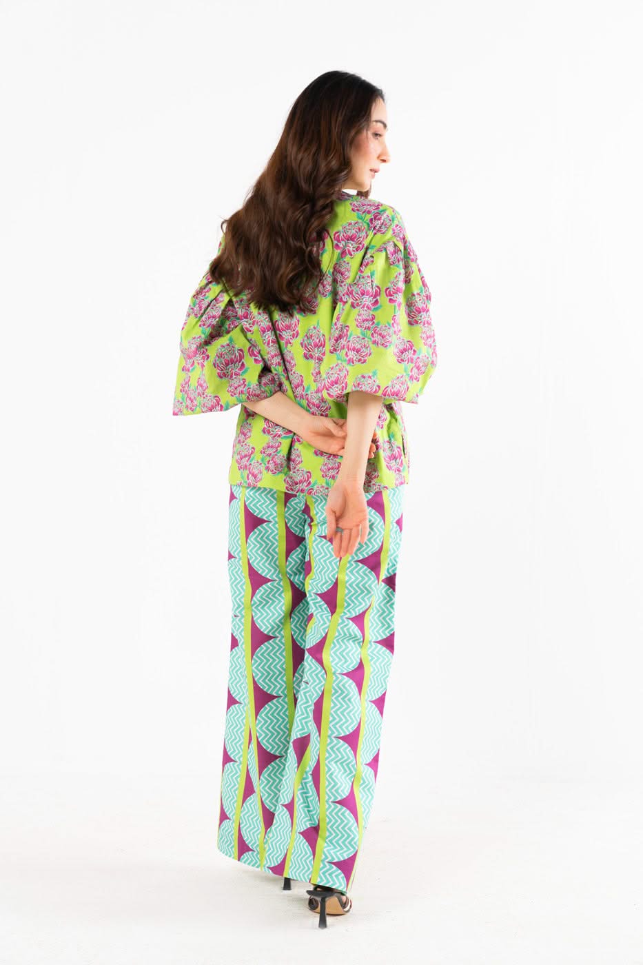 Women's green floral shirt, wide-leg trousers and patterned dupatta set