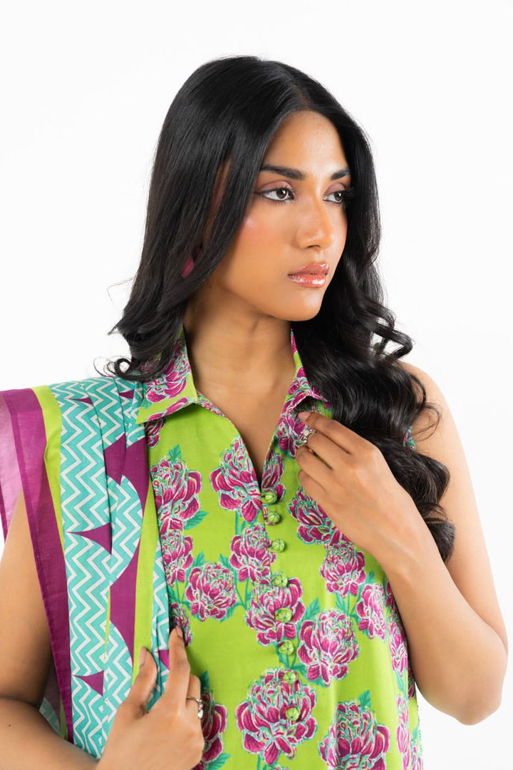 Women's green floral shirt, wide-leg trousers and patterned dupatta set