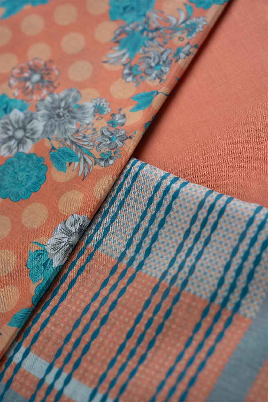 Peach floral shirt trouser and dupatta set with striped border detail