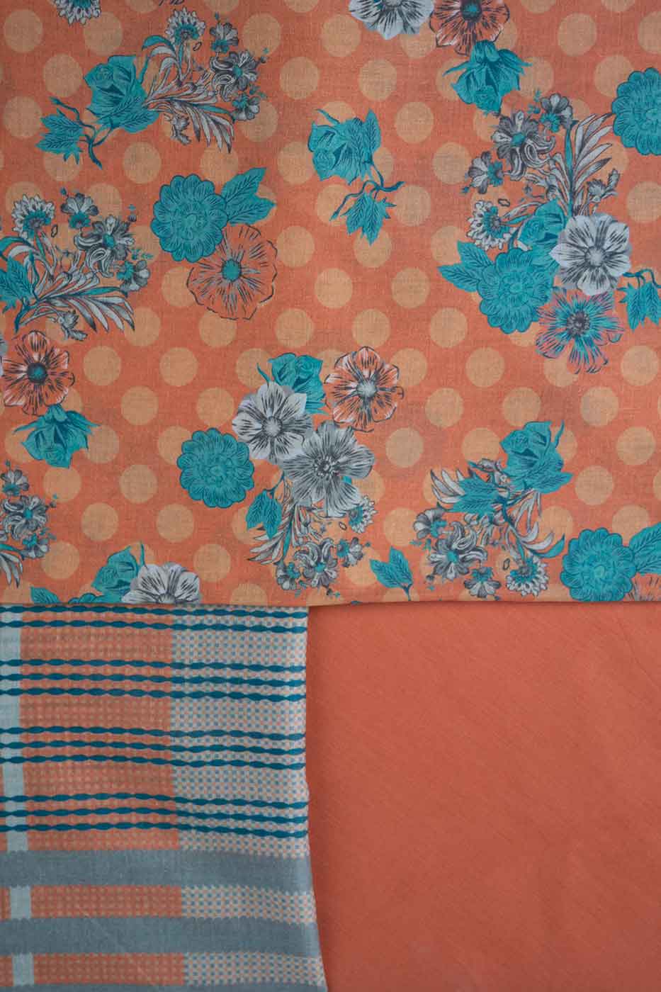 Peach floral shirt trouser and dupatta set with striped border detail
