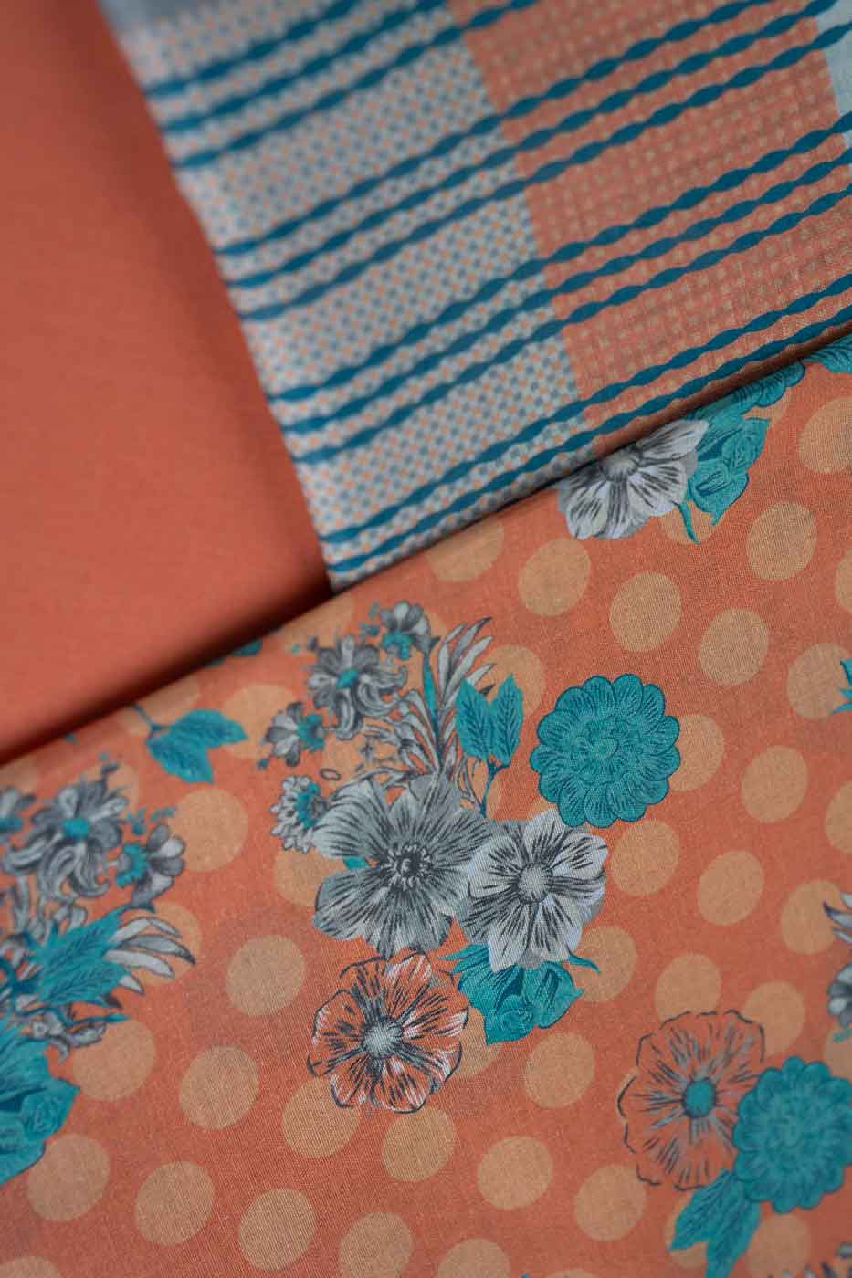 Peach floral shirt trouser and dupatta set with striped border detail