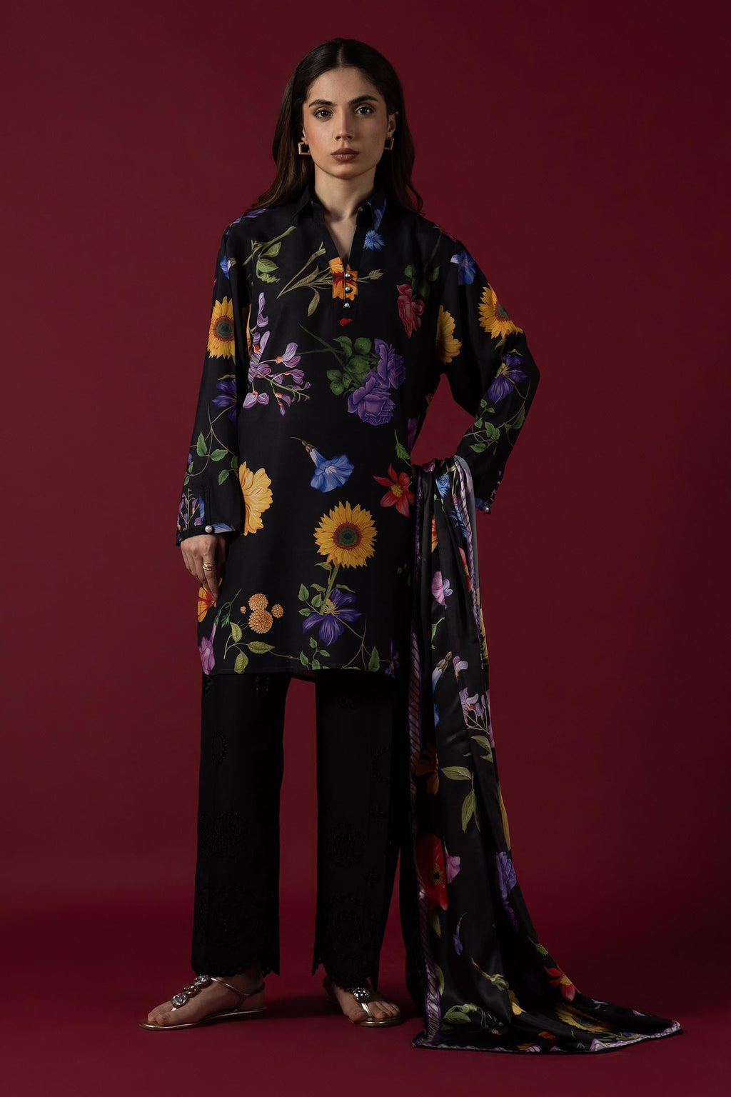 Women's black floral printed shirt with mandarin collar