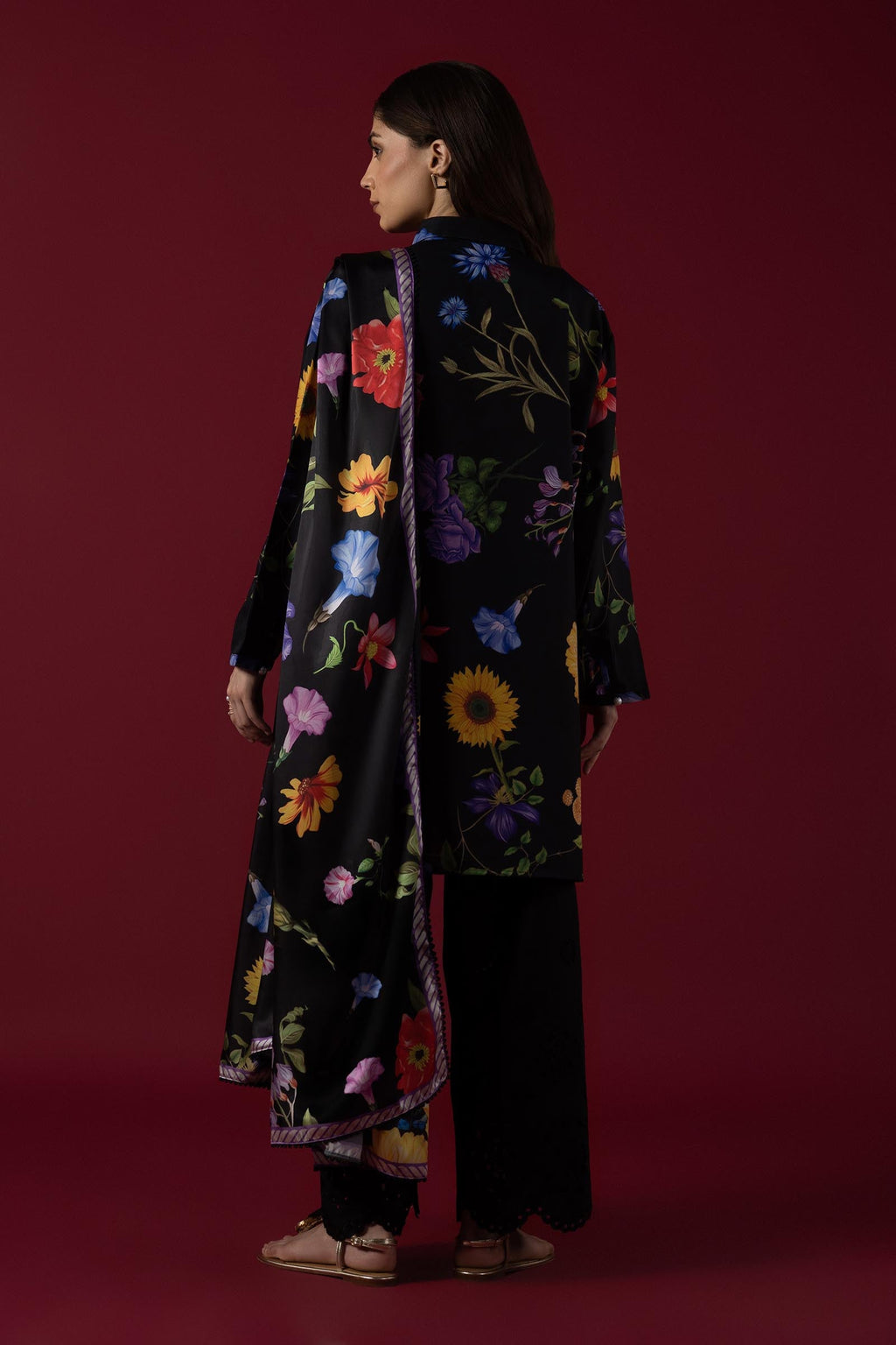 Women's black floral printed shirt with mandarin collar