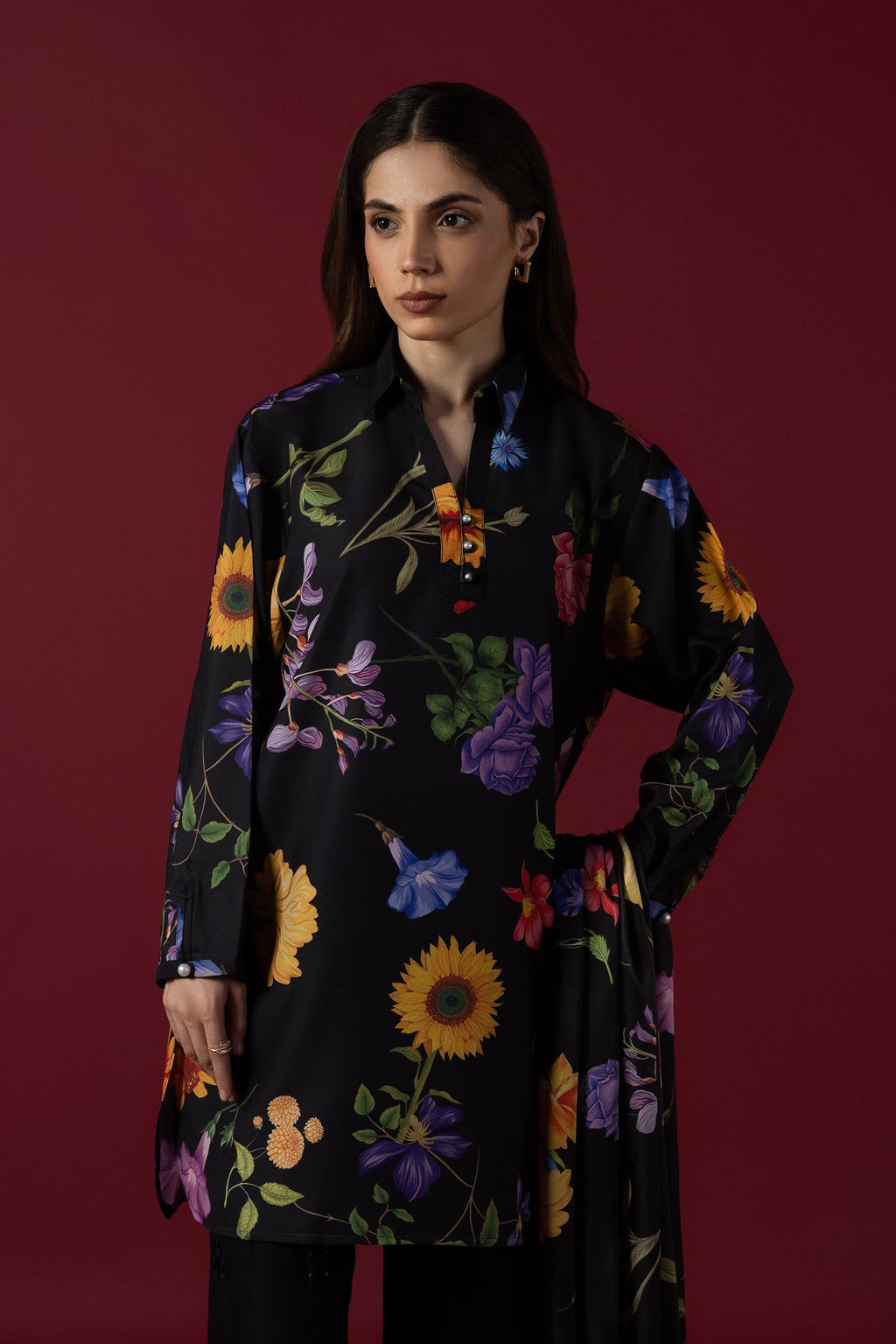 Women's black floral printed shirt with mandarin collar