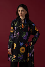 Women's black floral printed shirt with mandarin collar