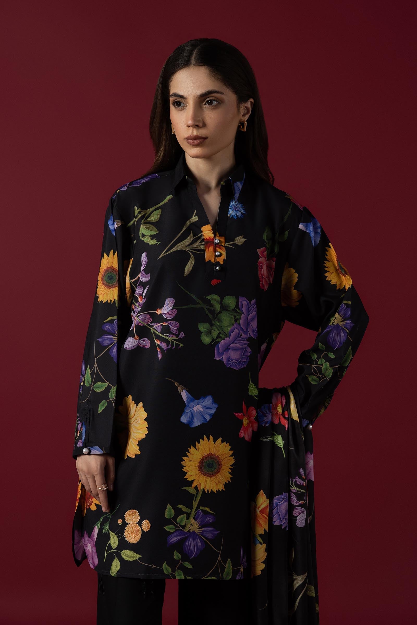 Women's black floral printed shirt with mandarin collar