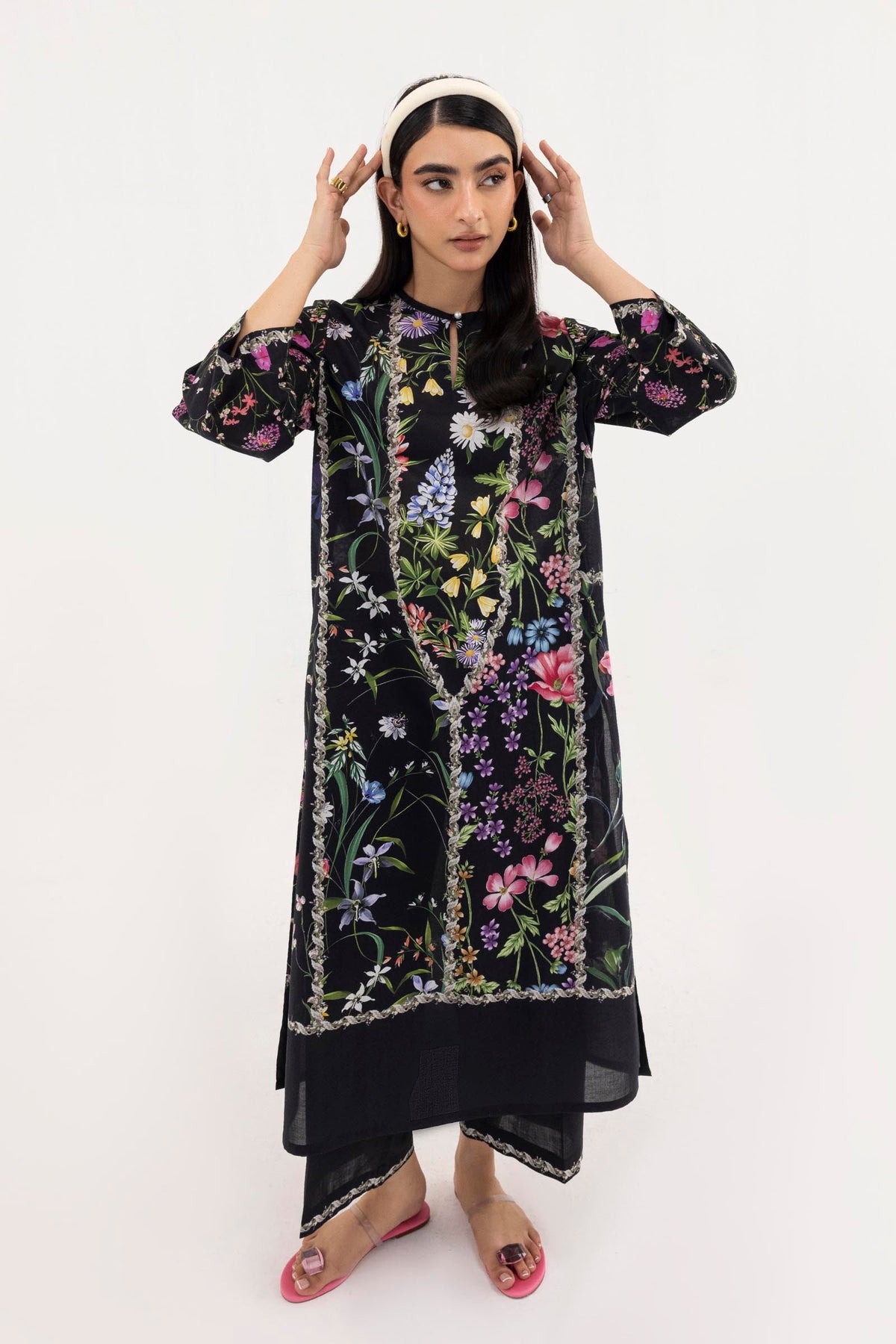 Women's floral shirt and cropped culotte set with decorative trims