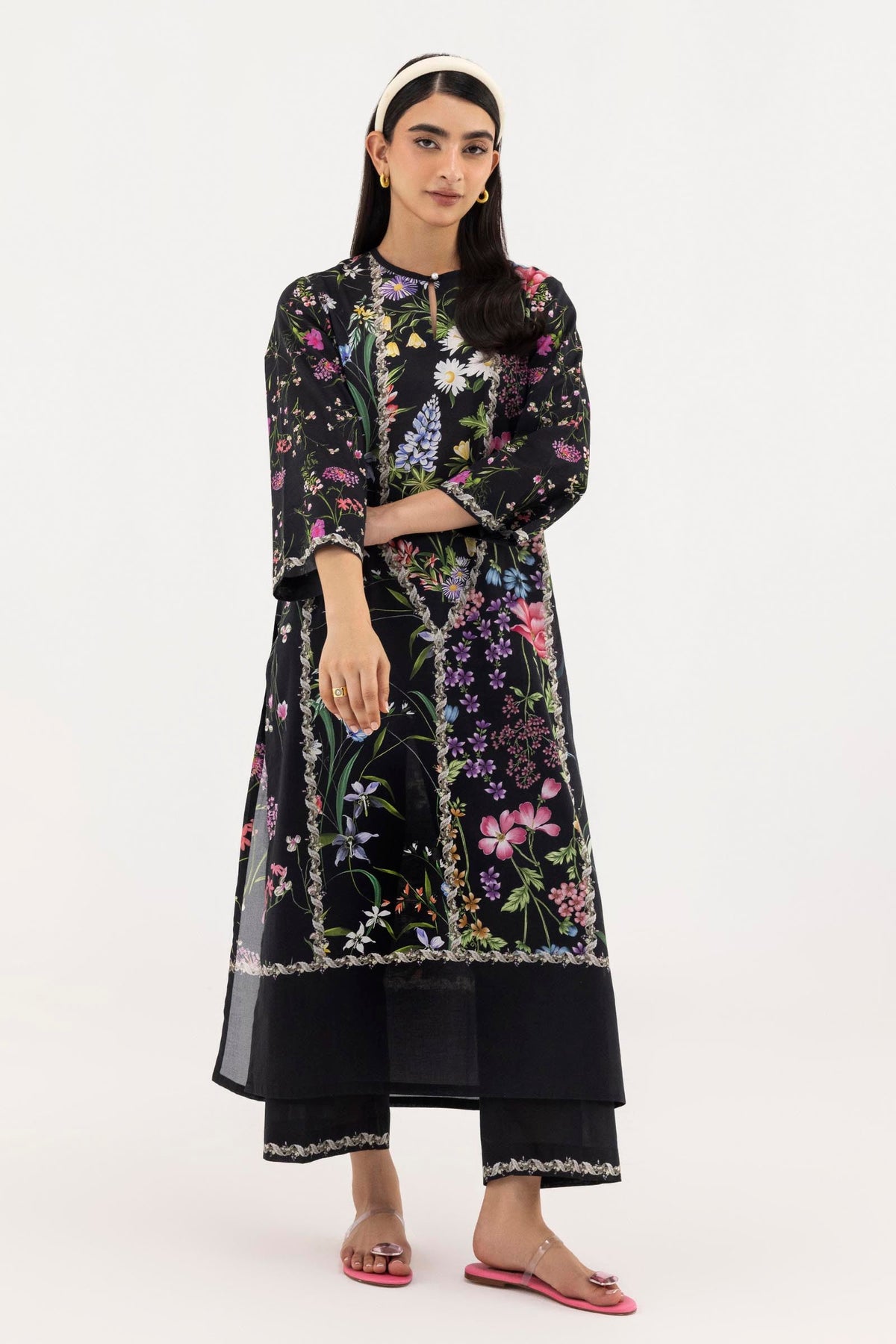 Women's floral shirt and cropped culotte set with decorative trims