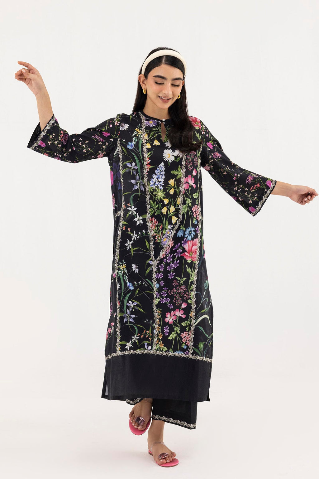 Women's floral shirt and cropped culotte set with decorative trims