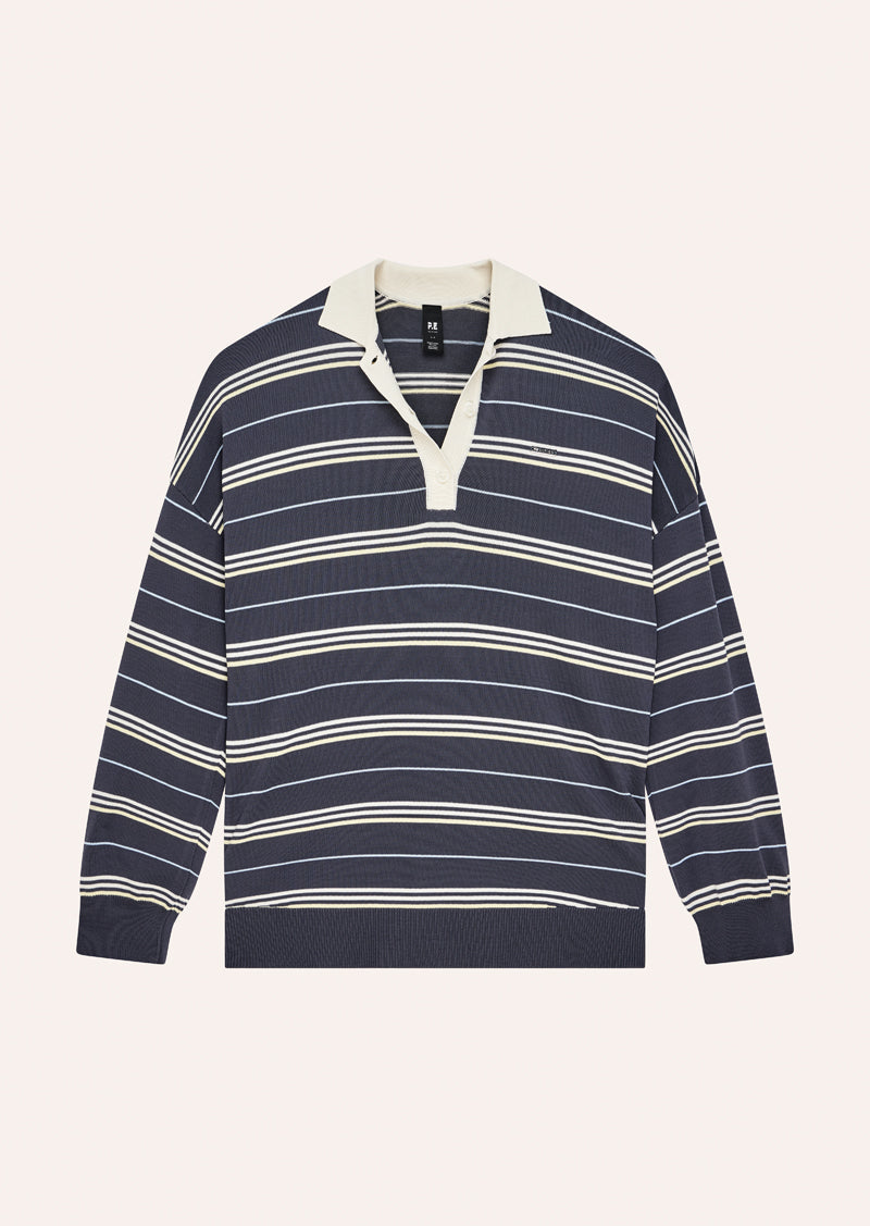 Women's striped rugby knit sweater with contrast collar and long sleeves