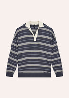 Women's striped rugby knit sweater with contrast collar and long sleeves