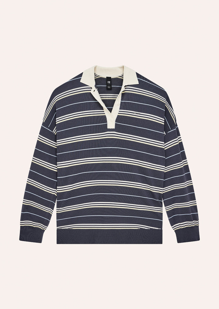 Women's striped rugby knit sweater with contrast collar and long sleeves