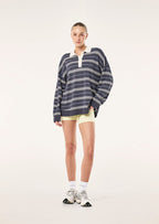 Women's striped rugby knit sweater with contrast collar and long sleeves