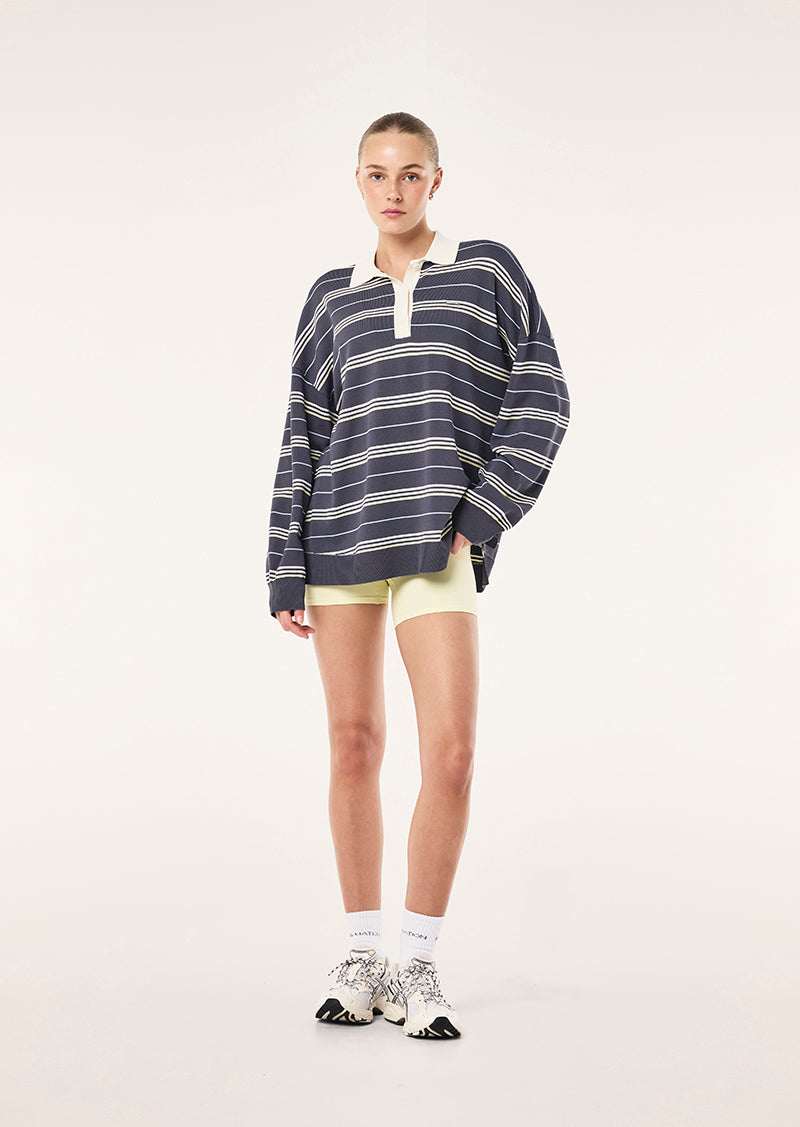 Women's striped rugby knit sweater with contrast collar and long sleeves