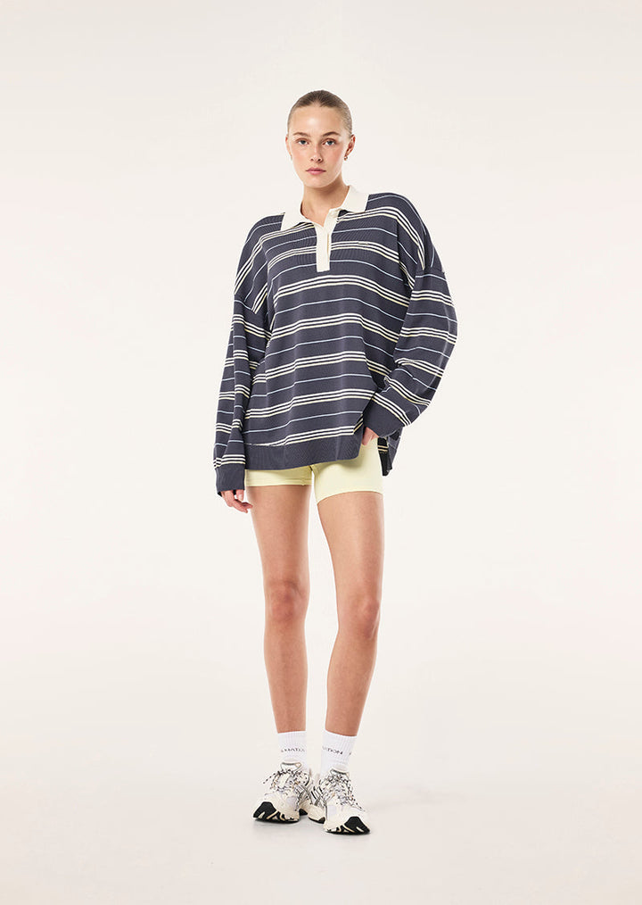 Women's striped rugby knit sweater with contrast collar and long sleeves