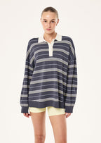 Women's striped rugby knit sweater with contrast collar and long sleeves