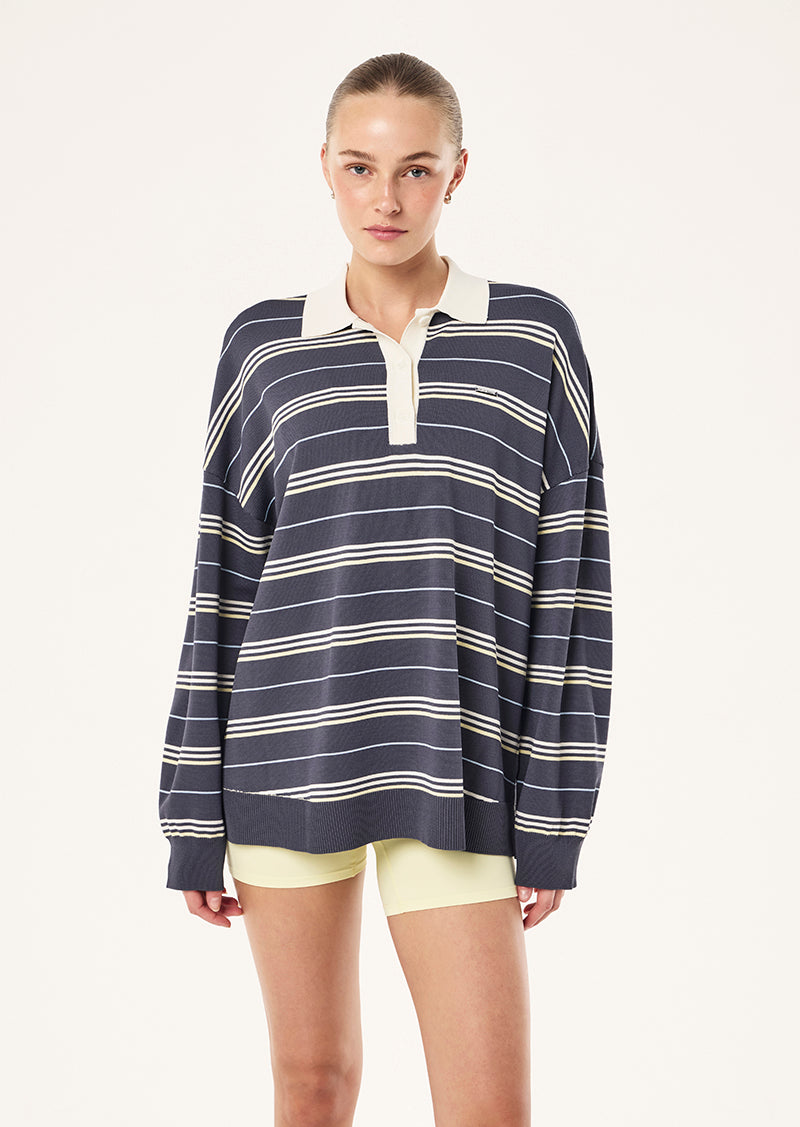Women's striped rugby knit sweater with contrast collar and long sleeves