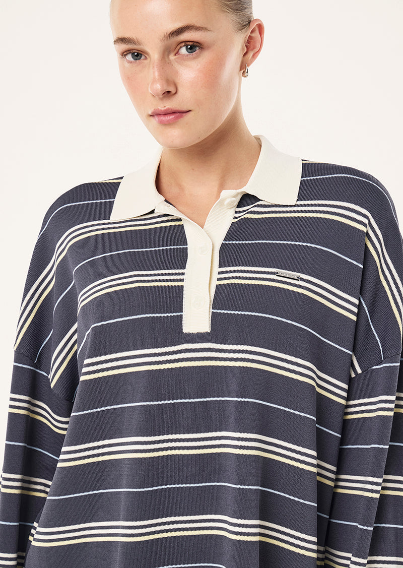 Women's striped rugby knit sweater with contrast collar and long sleeves
