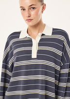 Women's striped rugby knit sweater with contrast collar and long sleeves
