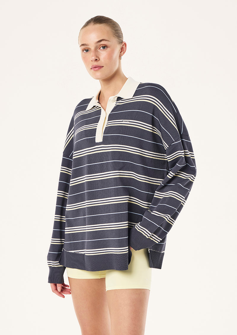 Women's striped rugby knit sweater with contrast collar and long sleeves