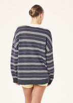Women's striped rugby knit sweater with contrast collar and long sleeves