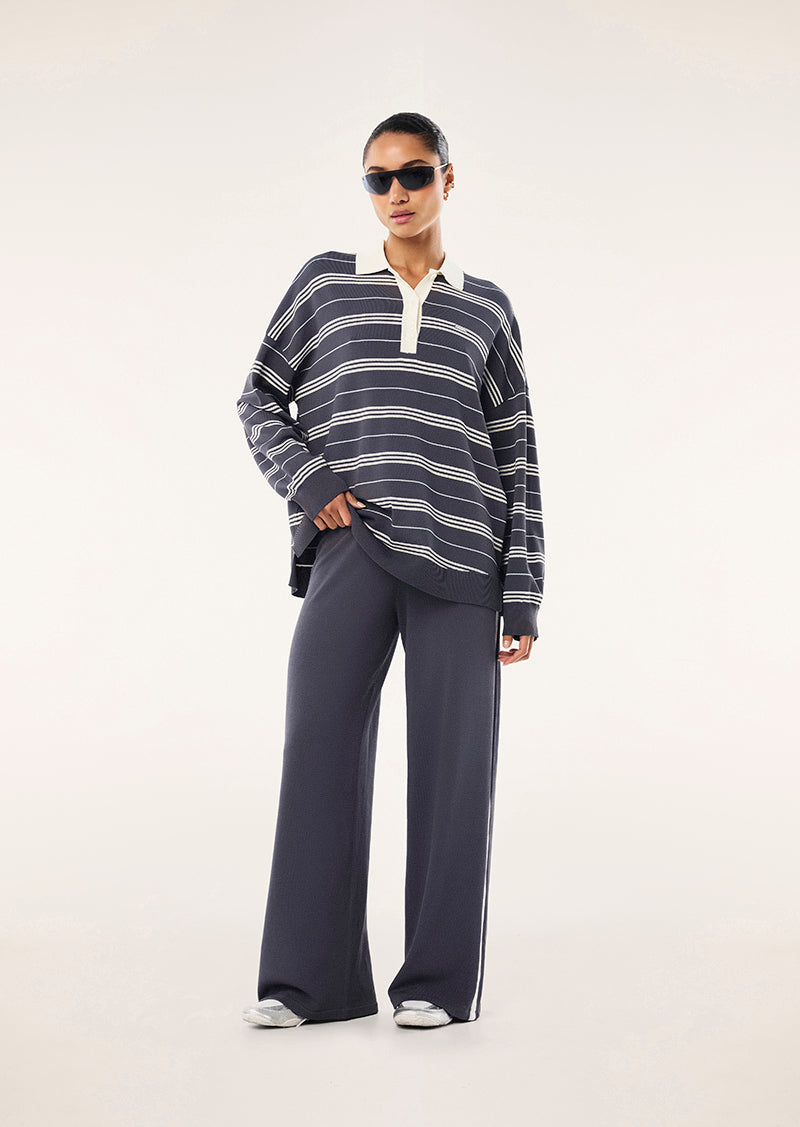 Women's striped rugby knit sweater with contrast collar and long sleeves