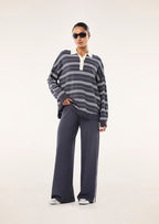 Women's striped rugby knit sweater with contrast collar and long sleeves