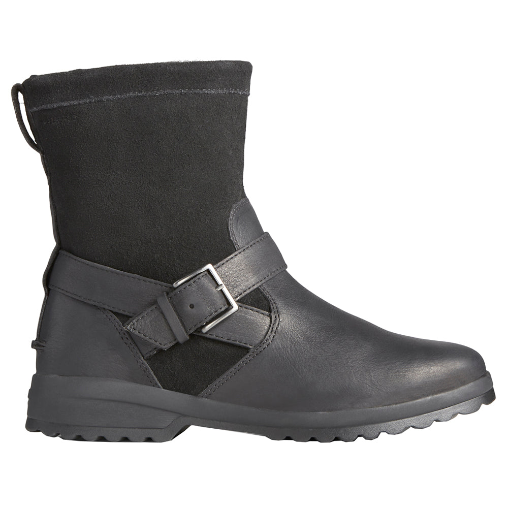 Black pull-on ankle boots with buckle strap and lugged sole