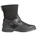 Black pull-on ankle boots with buckle strap and lugged sole