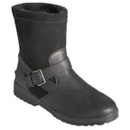 Black pull-on ankle boots with buckle strap and lugged sole