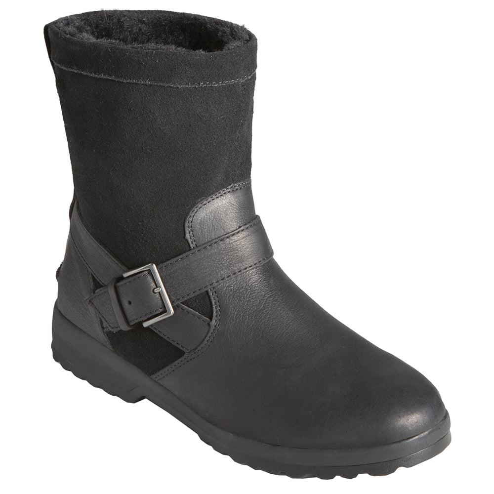 Black pull-on ankle boots with buckle strap and lugged sole