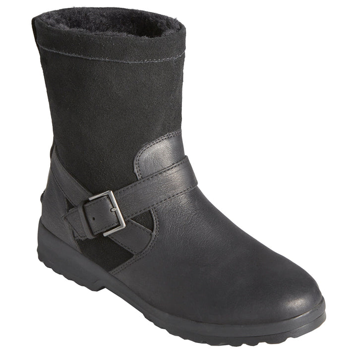 Black pull-on ankle boots with buckle strap and lugged sole