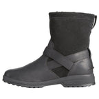 Black pull-on ankle boots with buckle strap and lugged sole