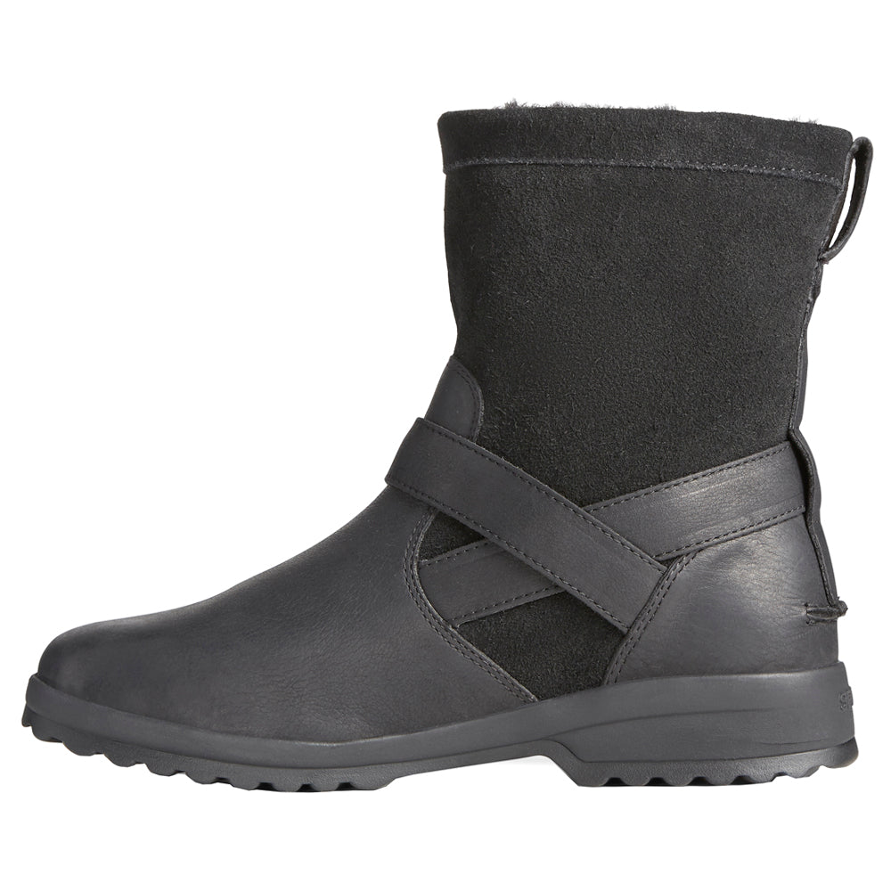 Black pull-on ankle boots with buckle strap and lugged sole