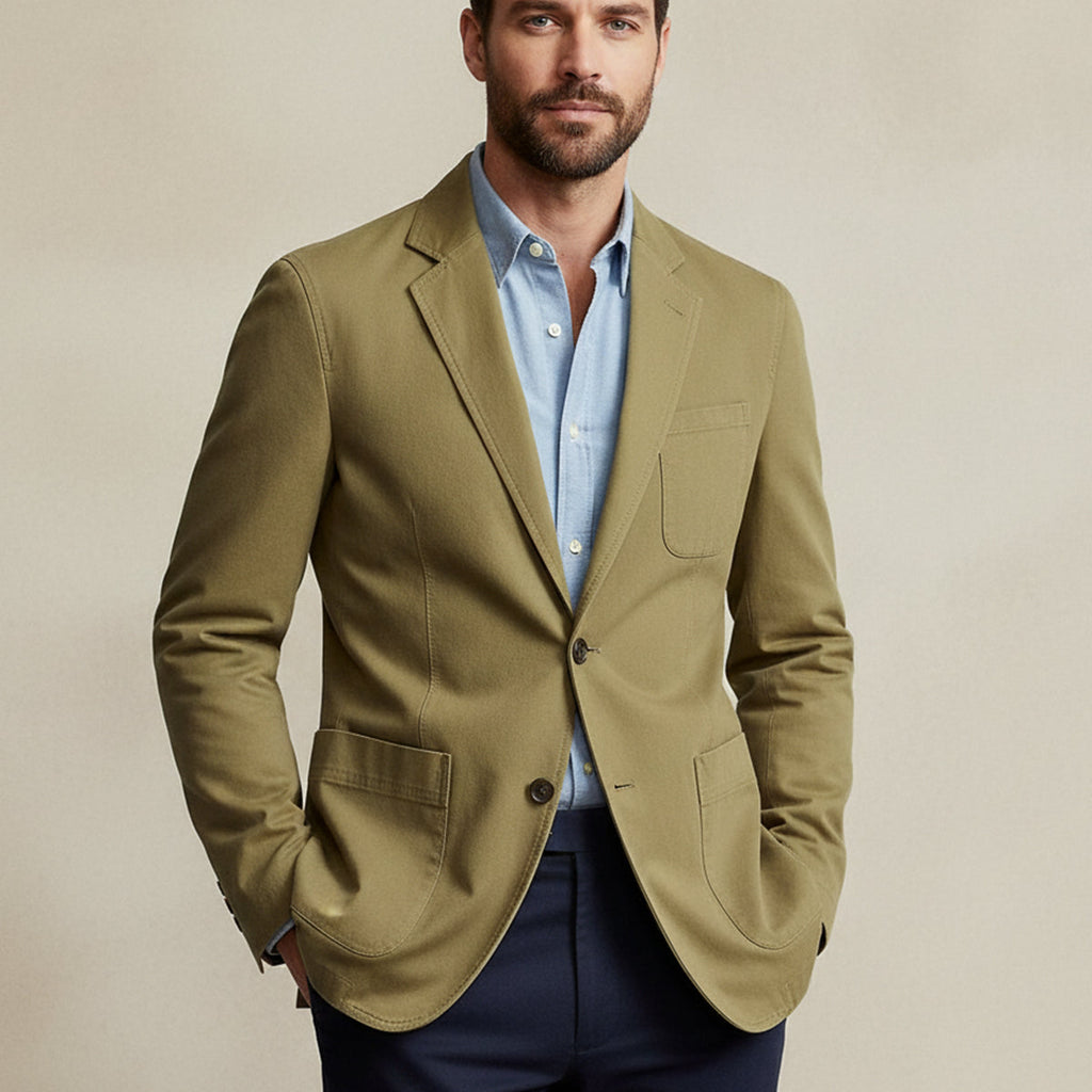 Men's blazer-style jacket with lapel collar and patch pockets