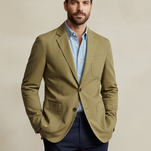 Men's blazer-style jacket with lapel collar and patch pockets
