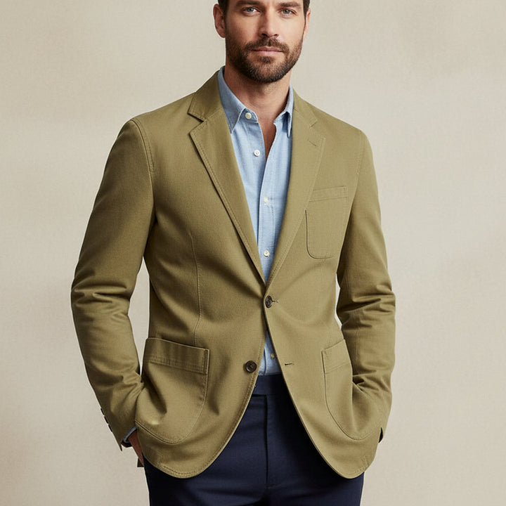 Men's blazer-style jacket with lapel collar and patch pockets