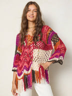 Women's multicolor crochet sweater with fringe hem and three quarter sleeves