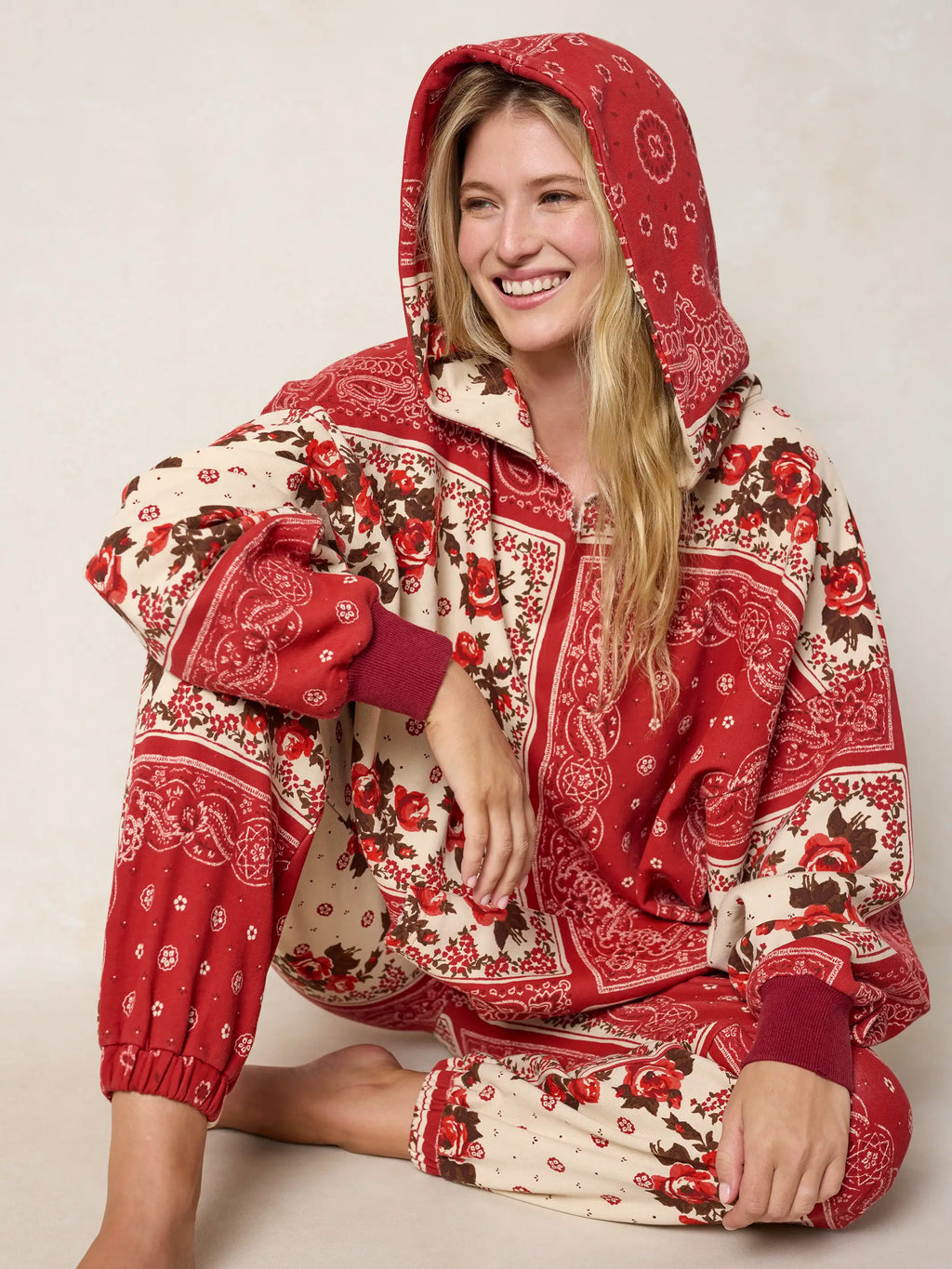Women's red paisley patchwork hoodie with kangaroo pocket